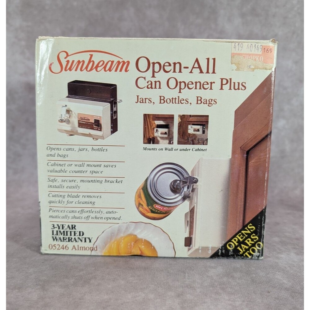 Vintage Sunbeam Open-All Can Opener Plus 05246 Almond Mount New Open Box 1985
